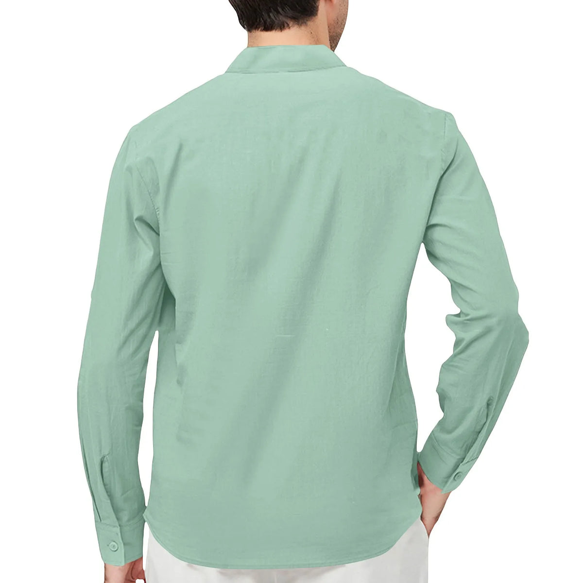 Men's cotton and linen stand-up collar Henley shirt loose-fitting