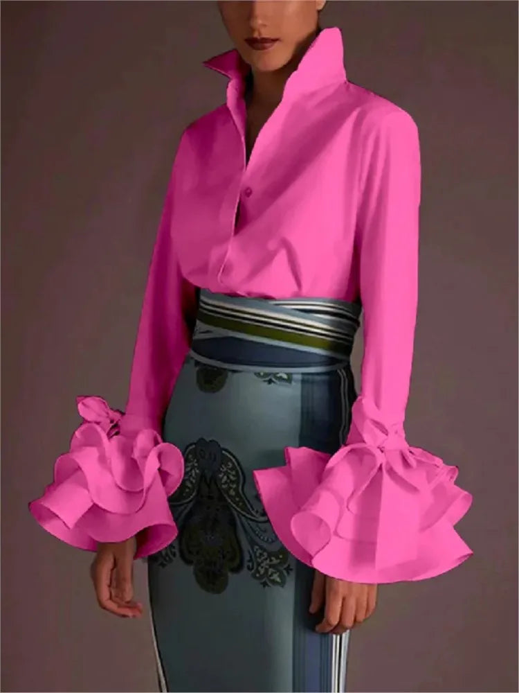Women Elegant Flared Sleeves Falbala Blouses Tops Spring Autumn New