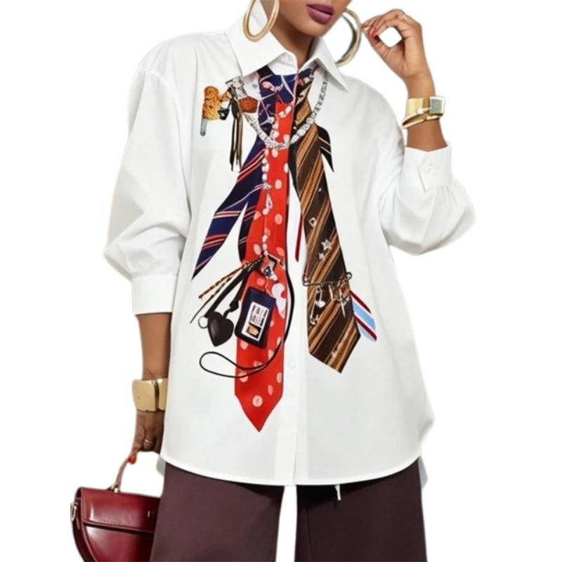 Yeezzi 2026 New Trendy Tie Printed White Shirts For Women Puff Sleeves