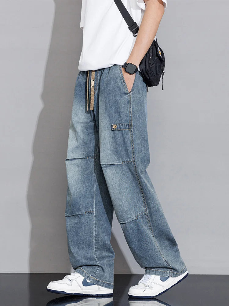 Men's Cargo Jeans 2026 New Spring Summer Wide Leg Denim Pants Straight