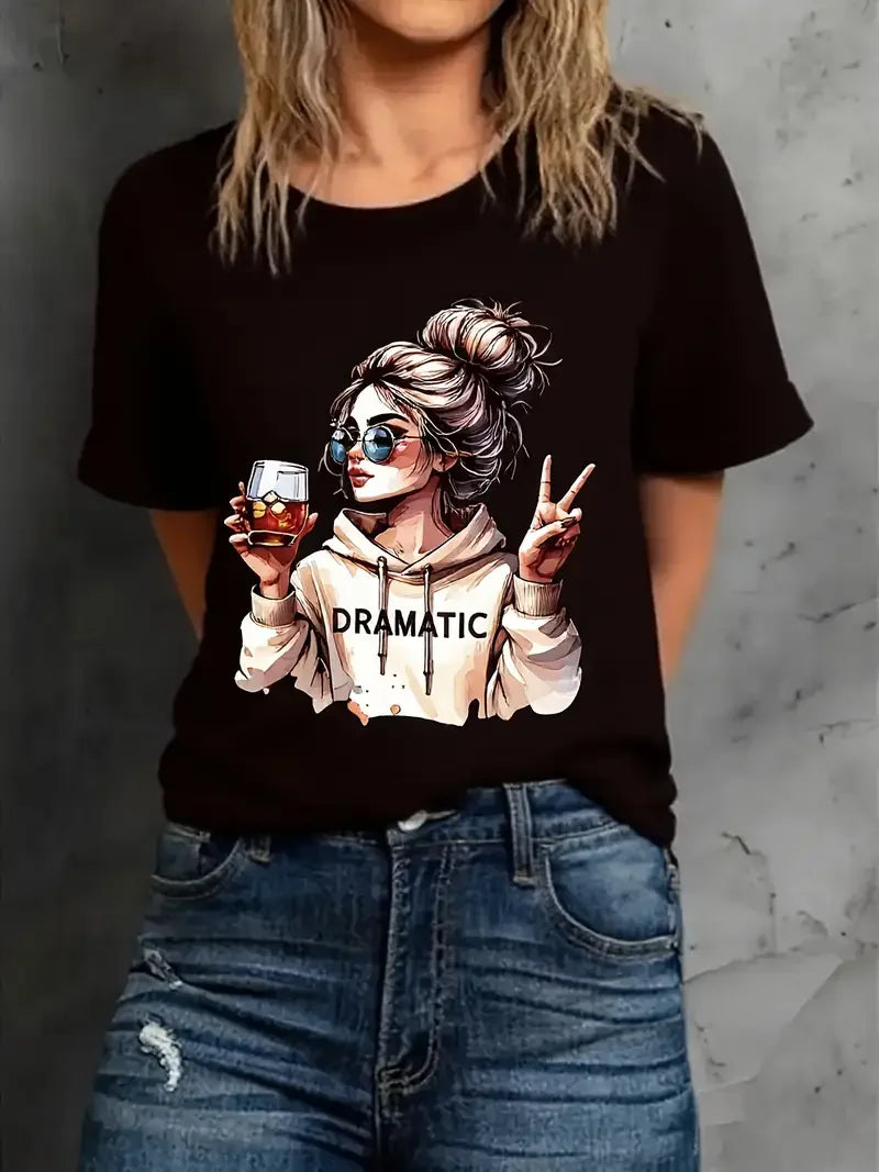 Streetwear 90s Women'S Casual Graphic T-Shirt  "Dramatic" Print with