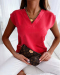 Women's V Neck Short Sleeve Blouse Solid Loose Fit Casual Tops Summer