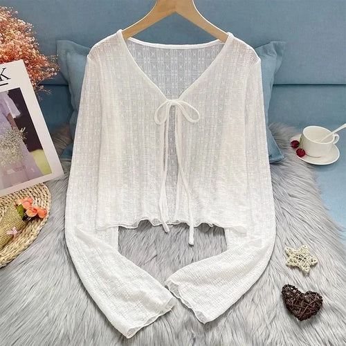 Women's Knitted Summer Top Thin Short Sleeve Bow Design Korean