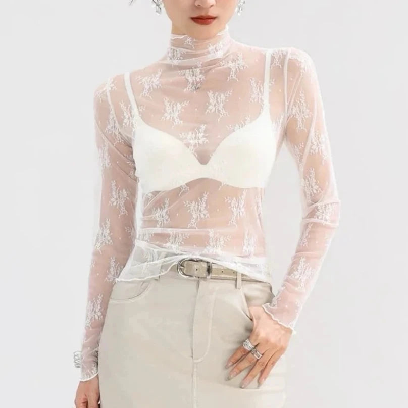 Sexy Sheer Mesh Long Sleeve Layering Top for Women Mock Neck Floral