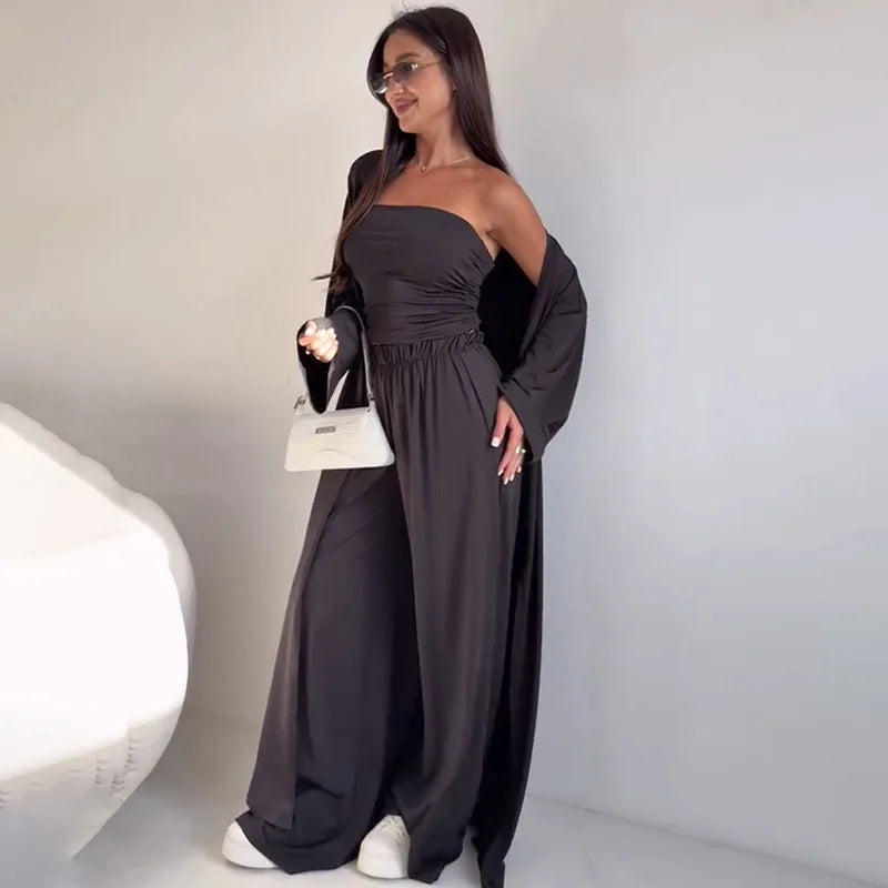 Women Pants 3 Piece Sets Cardigan Strapless Crop Top Straight Trousers