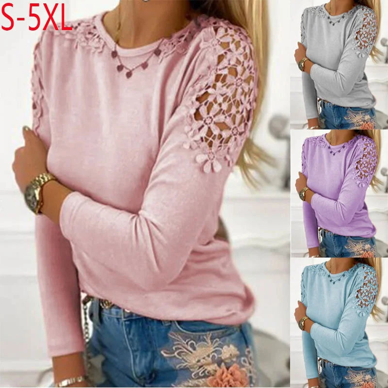 2023 Autumn New Women T-Shirt S-5XL Femme Solid Color Slim Fit Lace