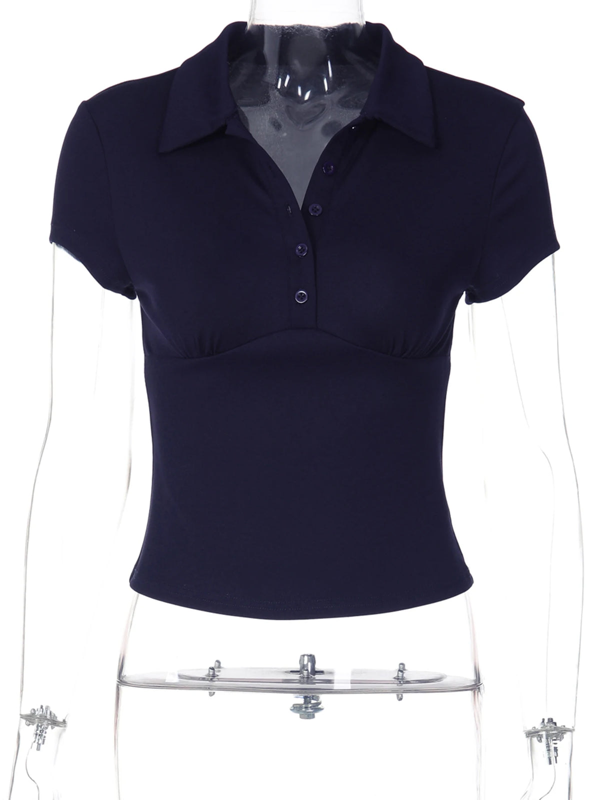 Hugcitar Women'S Fashion Short Sleeve Solid Polo Neck Buttons Sexy