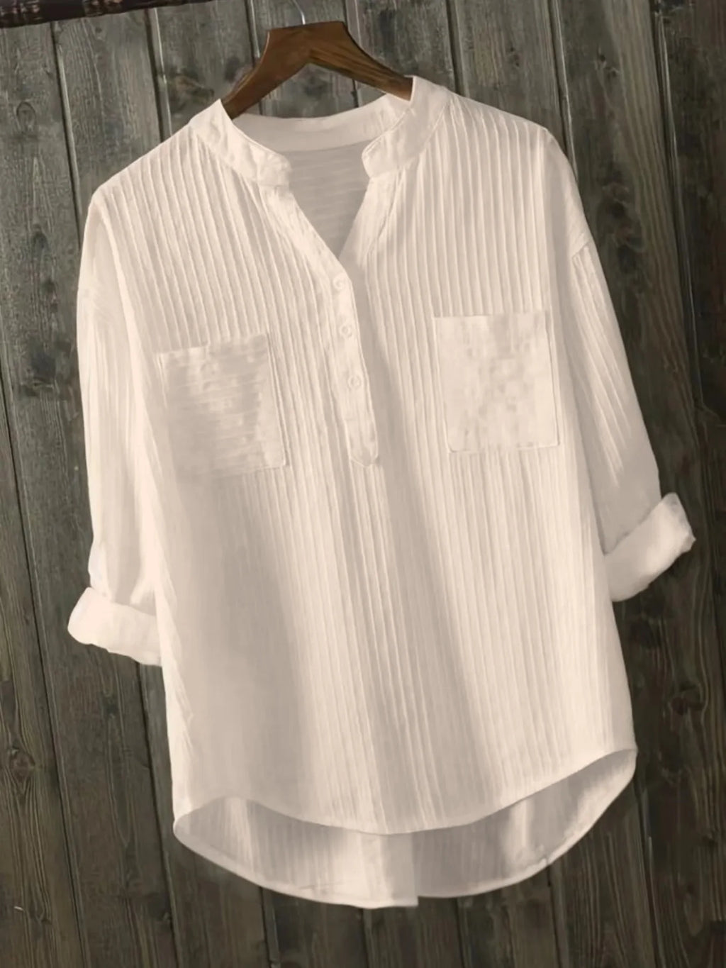 Gadinus Plus Size Women Solid Color Long Top Loose Fit Stand Collar