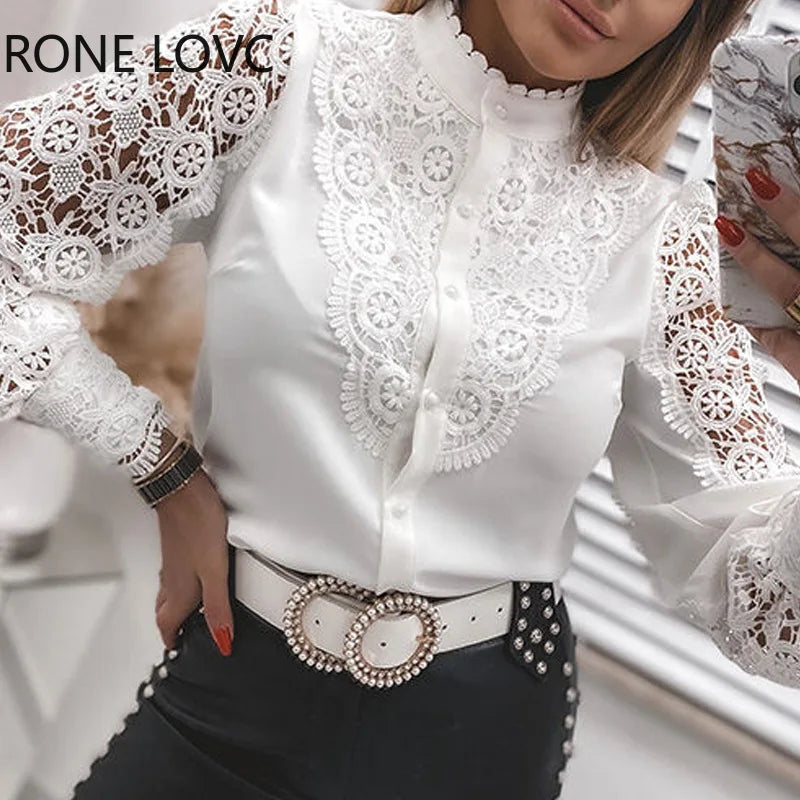 White Elegant Lace Hollow Out Women Blouse 2024 Spring Long Sleeve