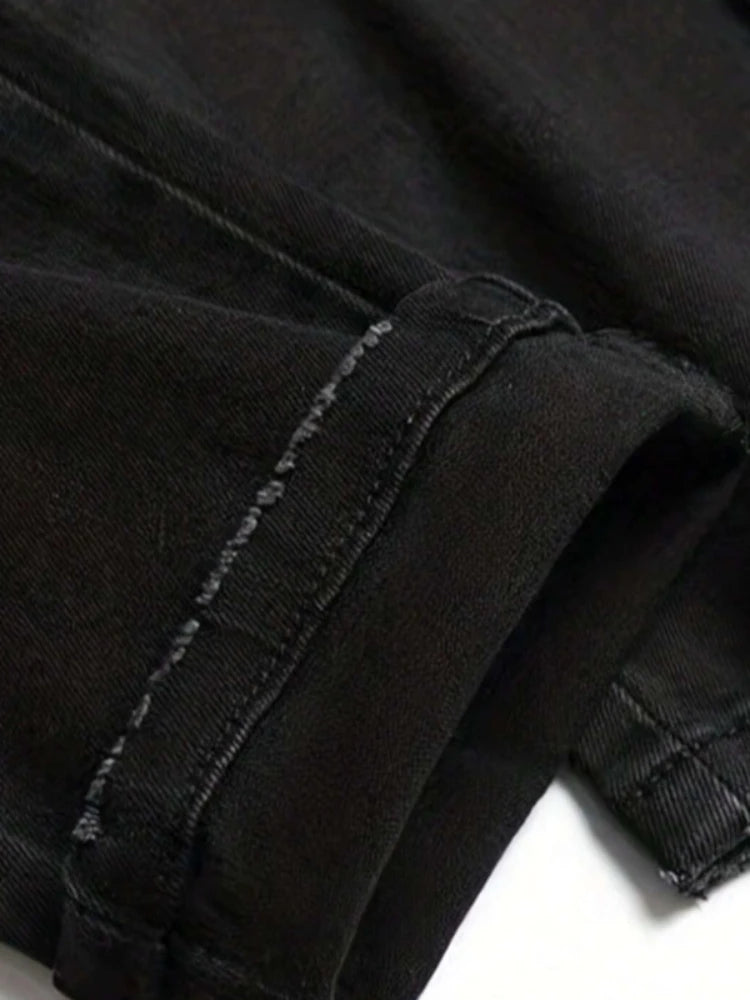 Men's Black Distressed Jeans Skull Patch & Embroidery Letter Print