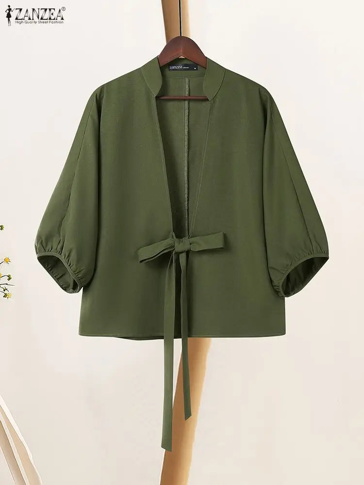2025 ZANZEA Elegant V Neck Lantern Sleeve Cardigan Shirt Autumn Women