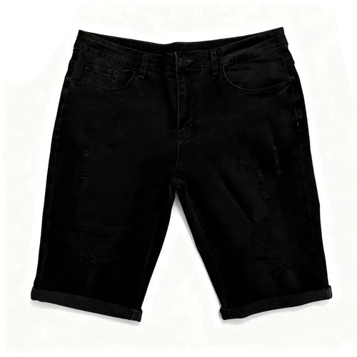 Summer Men's Retro High Waist Denim Shorts Hole-Punched Straight Leg