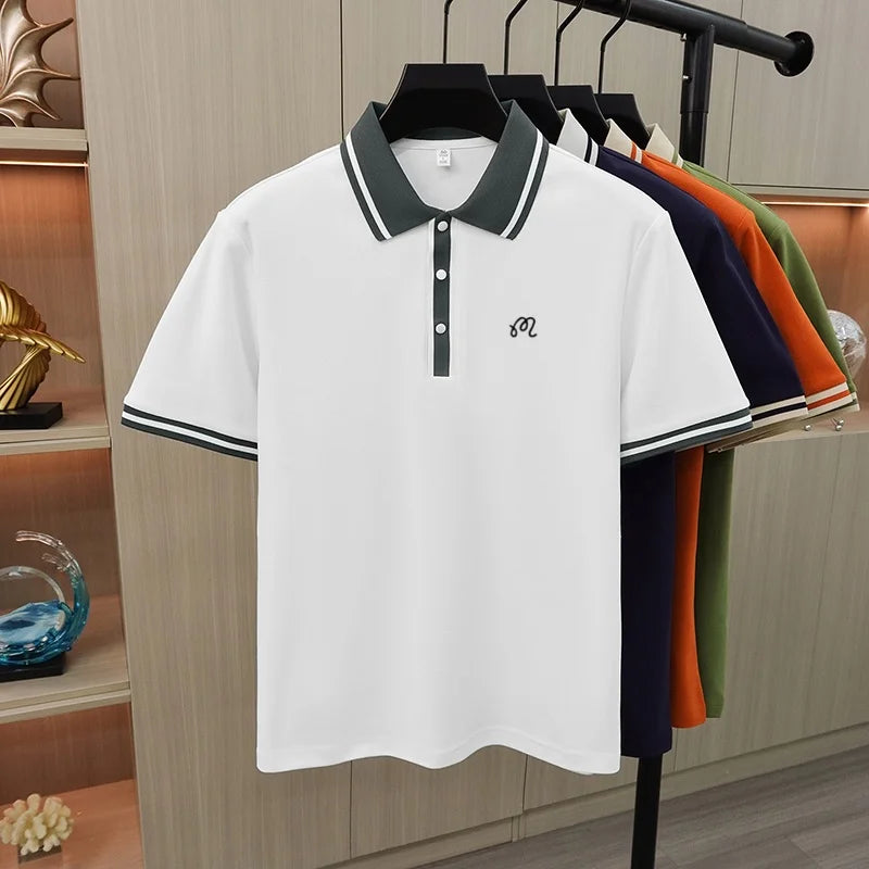 New High End Men's Brand Lapel Polo Shirt Summer Exquisite Print Short