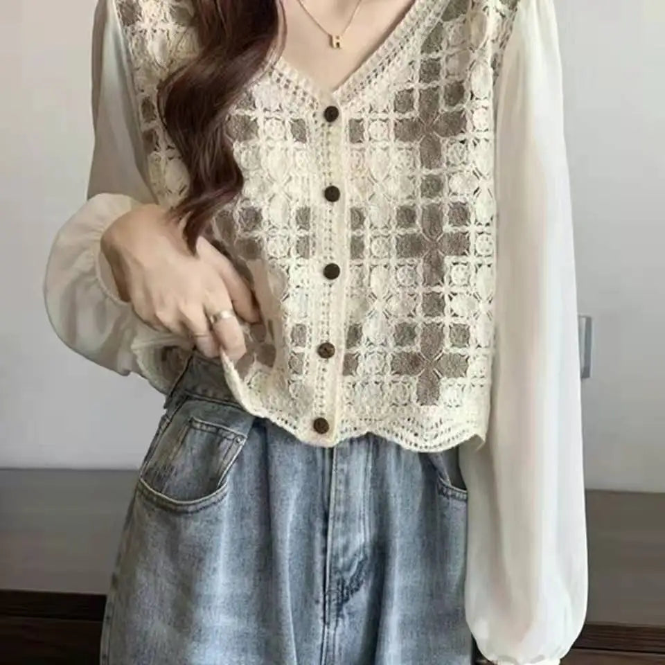 Women's Crochet Blouse with Chiffon Sleeve Button Front Crop Tops
