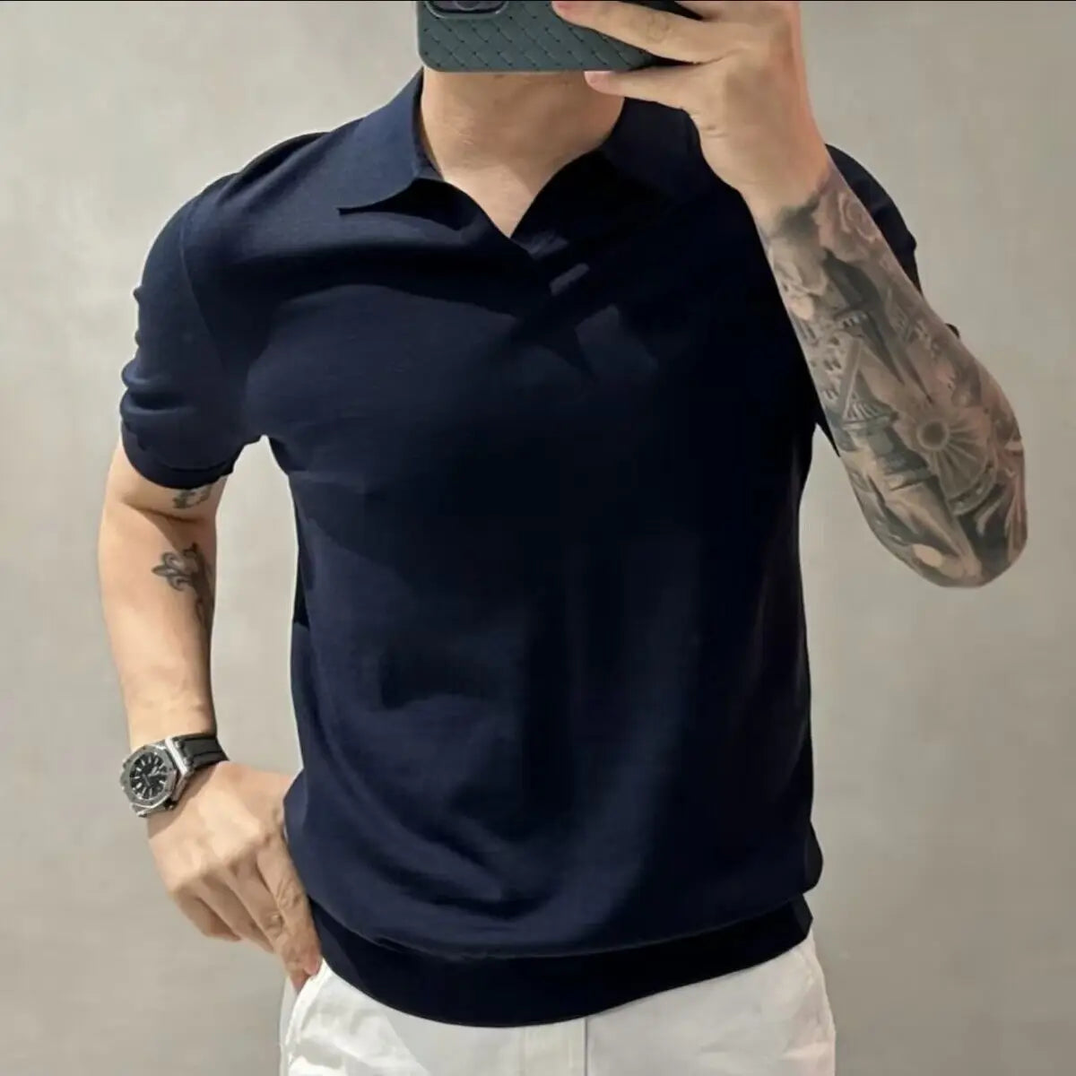 2023 Men's Clothing Light Luxury Knitted Polo Shirt Casual Soild