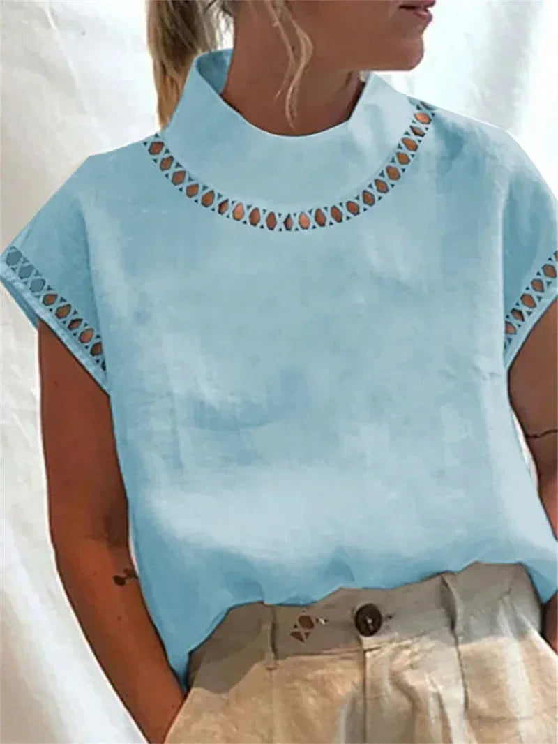 Women Turtleneck Hollow Out Splice Pullover Shirt Summer Solid Color
