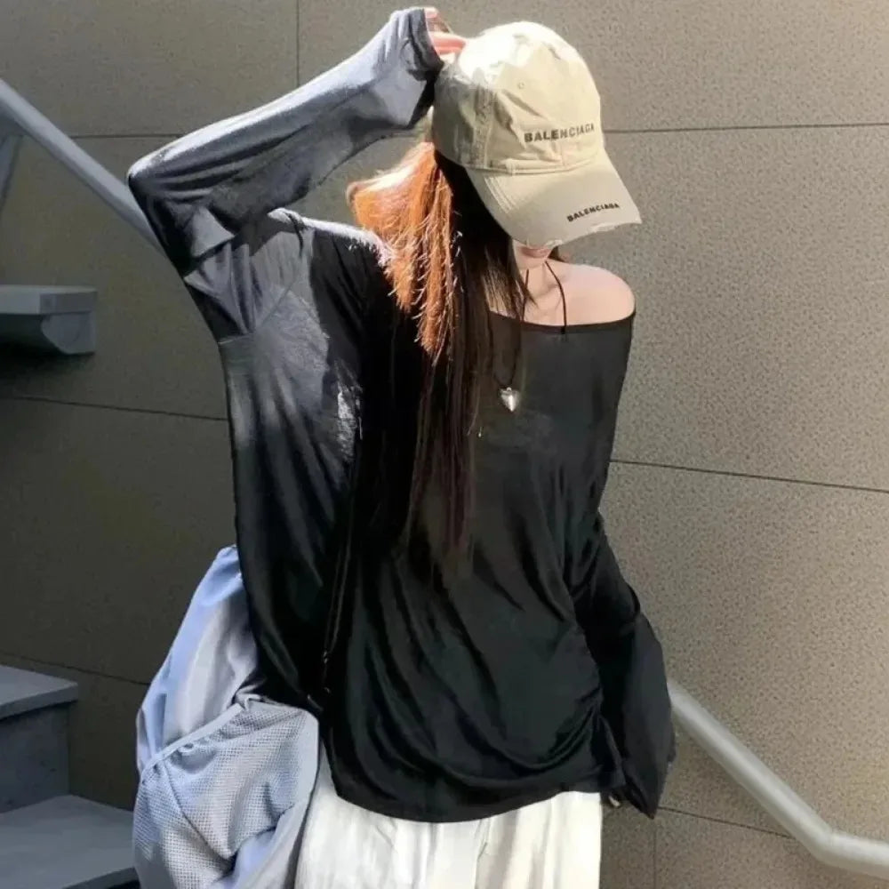 Summer T-shirt Women Beach Thin See Through Oversize Tees Korean Chic