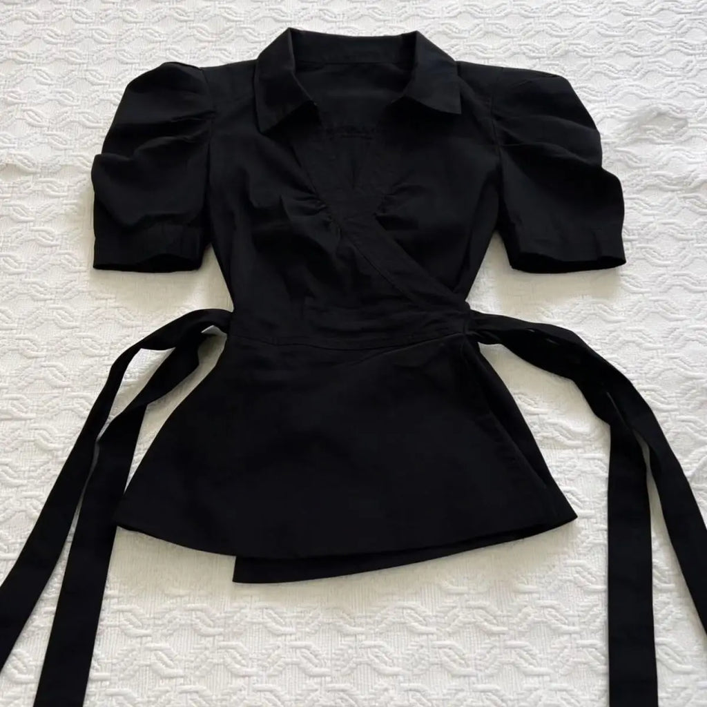 Vintage Elegant Tees Women Slim Back Bandage Shirt Button High Neck