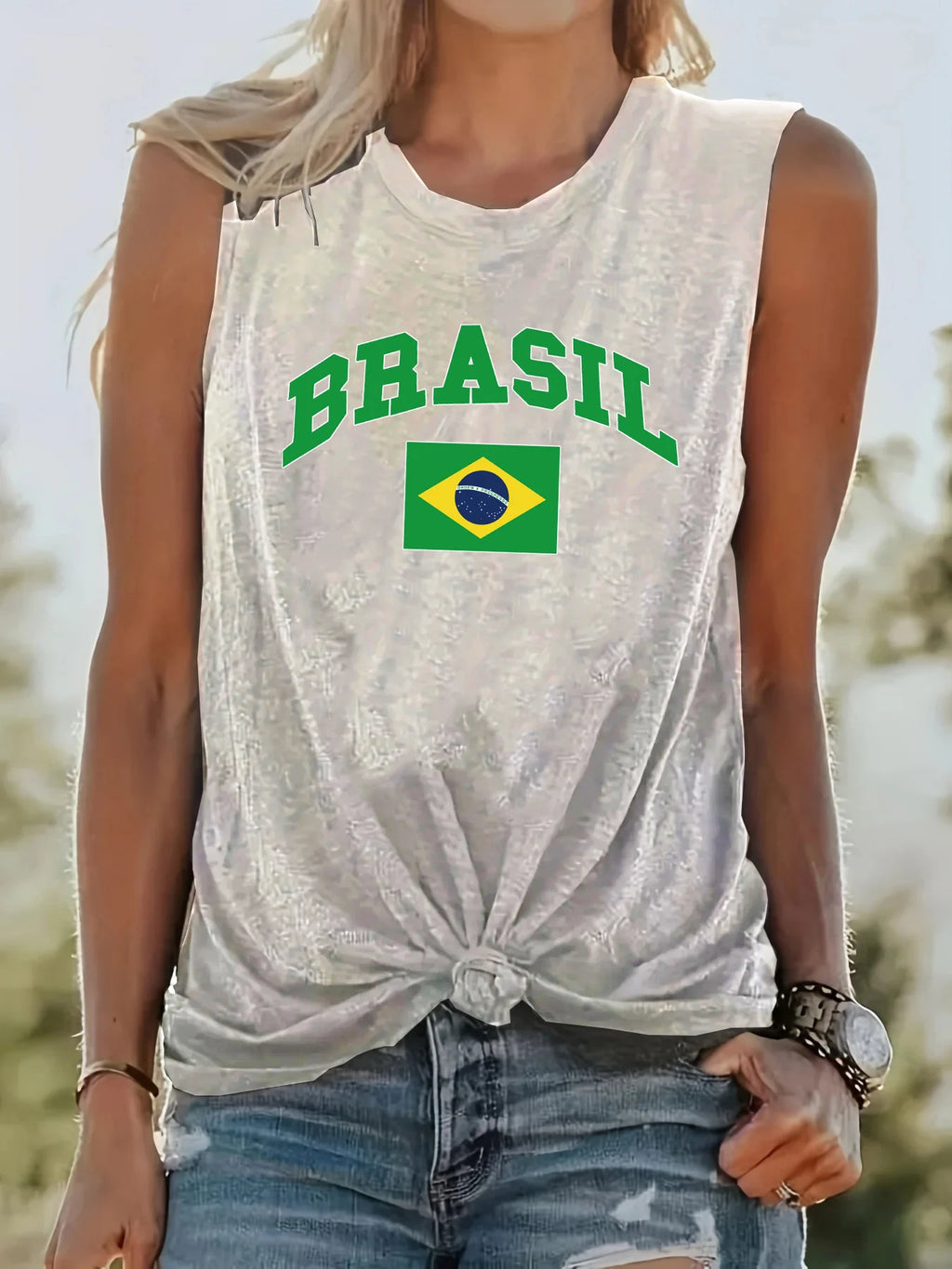 Women's Summer BRASIL Pattern Print Large Casual Round Neck Sleeveless