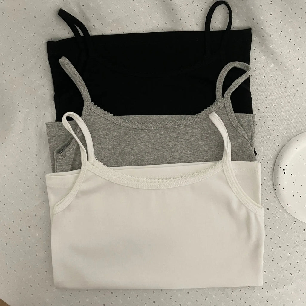 Basic Lace Trim Slim Tank Top Women Summer Casual Sleeveless Cotton