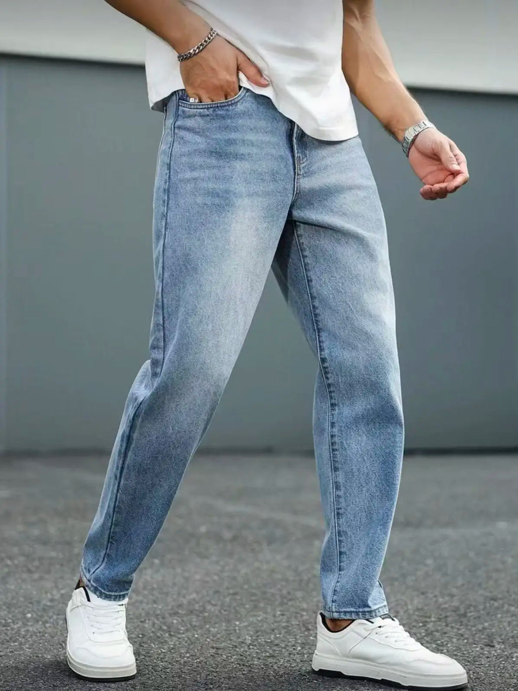 Slim Fit Jeans Men Light Blue Washed Whisker Detail Jeans Classic Mid