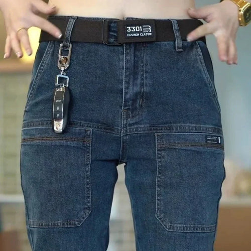 Spring Summer Thin Six Pocket Men's Jeans Elastic Straight Leg Casual