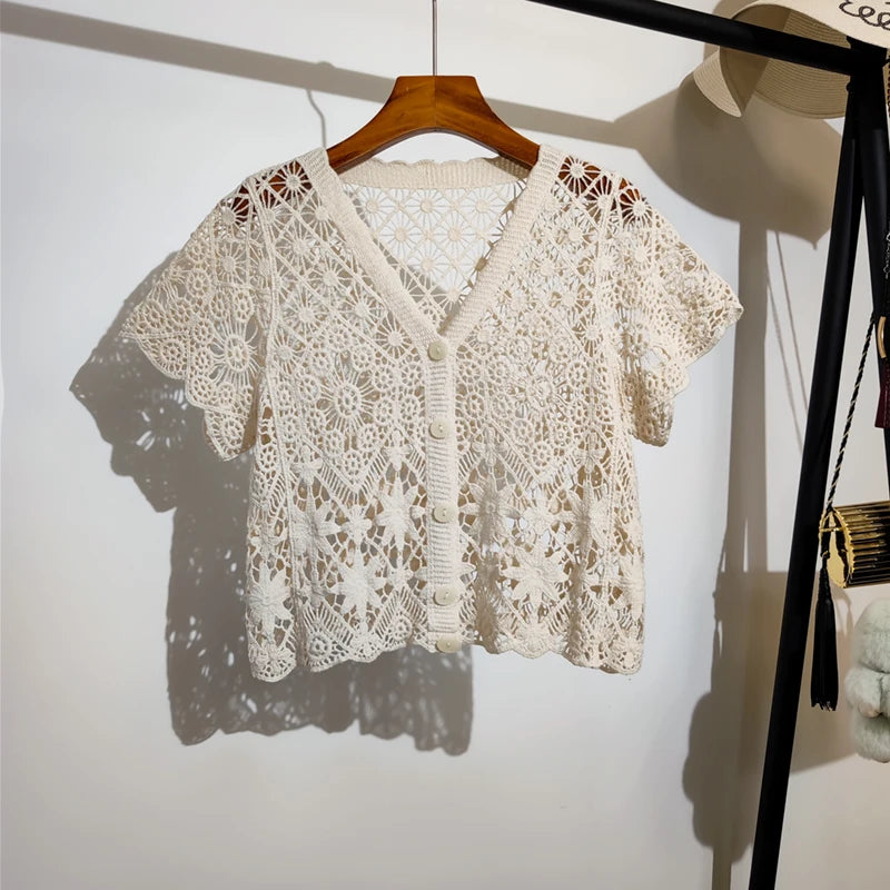 Sheer Crochet Top Button Front V-Neck Short Sleeve Open-knit