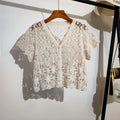 Sheer Crochet Top Button Front V-Neck Short Sleeve Open-knit