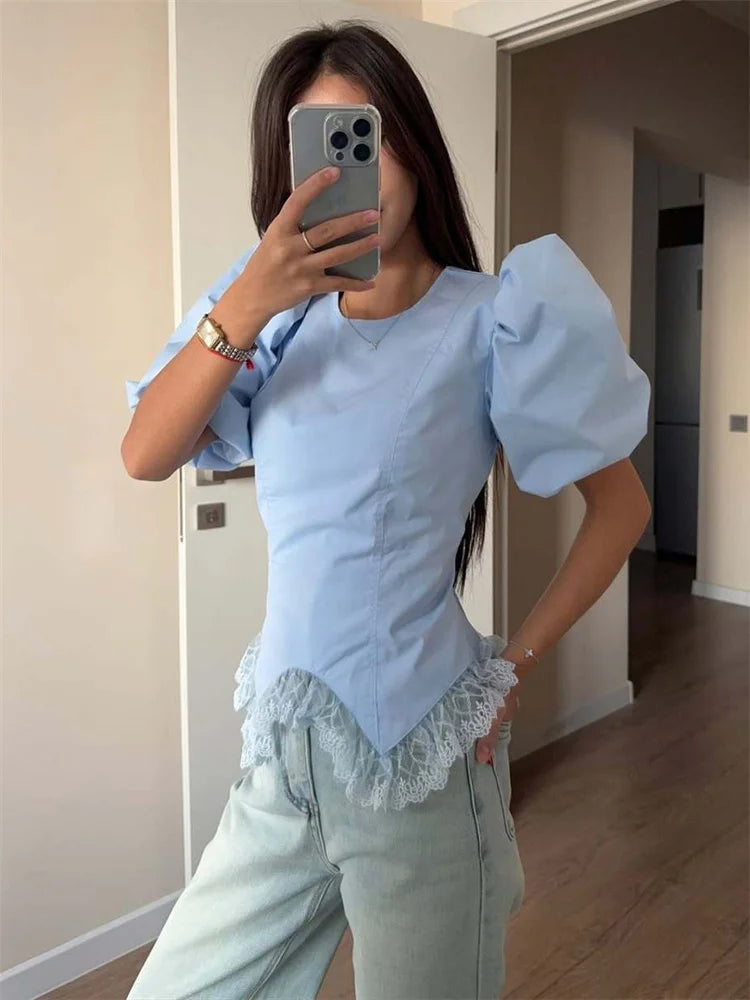 Tossy White Lace Lace-Up Shirts Top Women Short Sleeve Fashion
