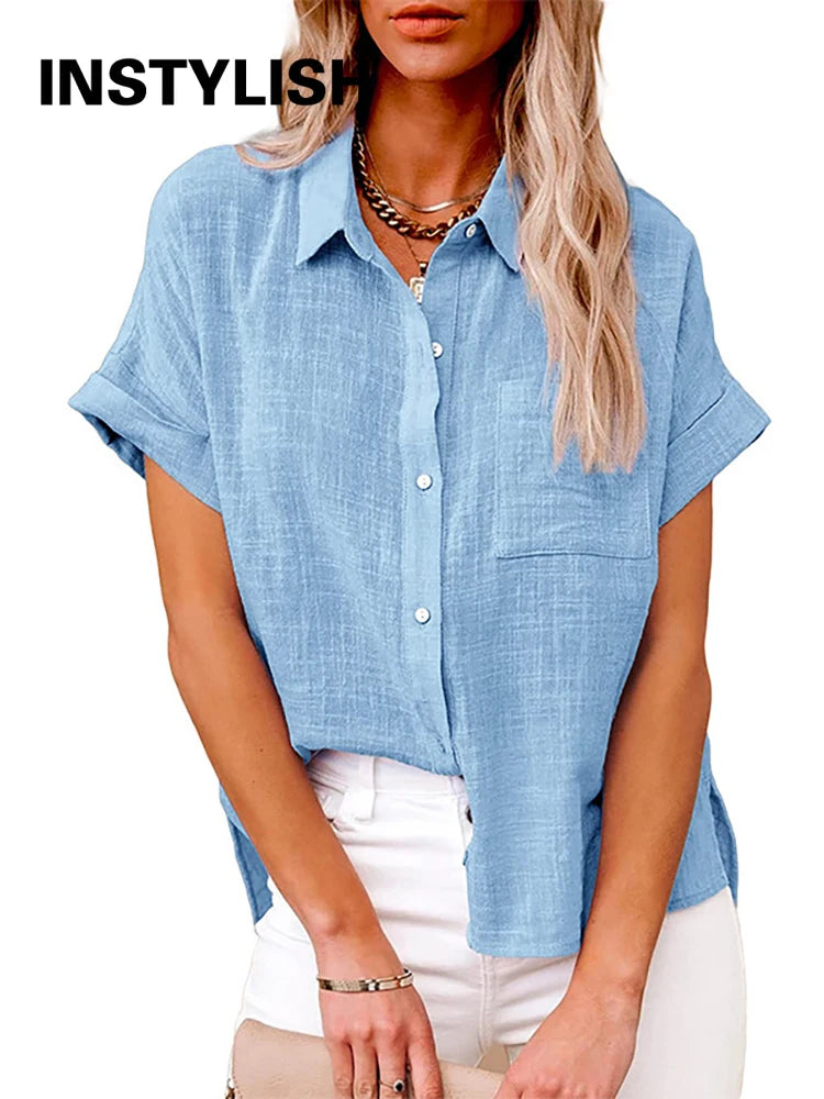 Casual Solid Short Sleeve Cotton Linen Loose Blouse Vintage Harajuku