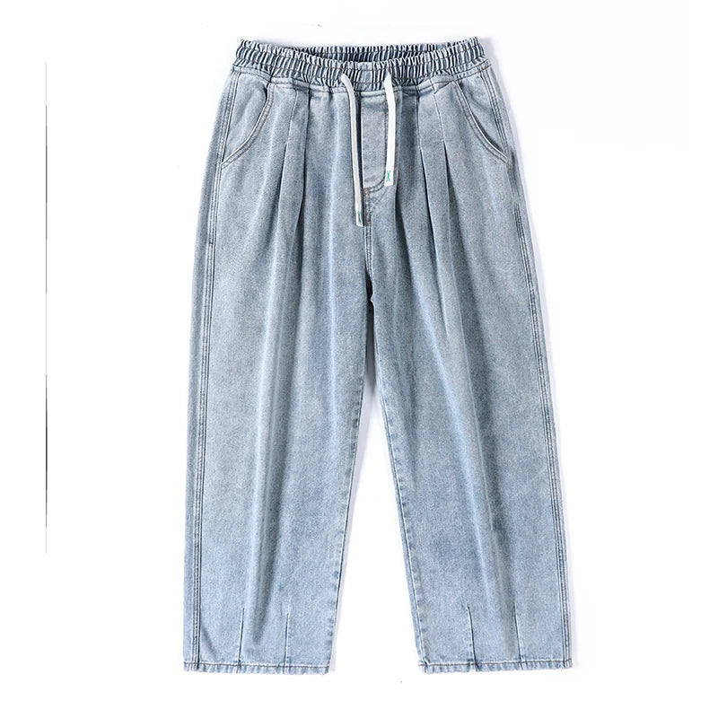 New Men's Elastic Waist Jeans Loose Wide Leg Casual Straight Long