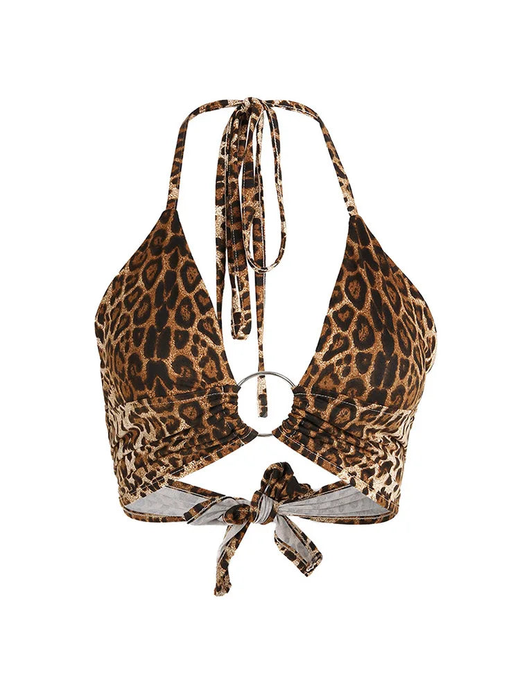 Leopard Print Halter Crop Top for Women Backless Bandage Lace-Up