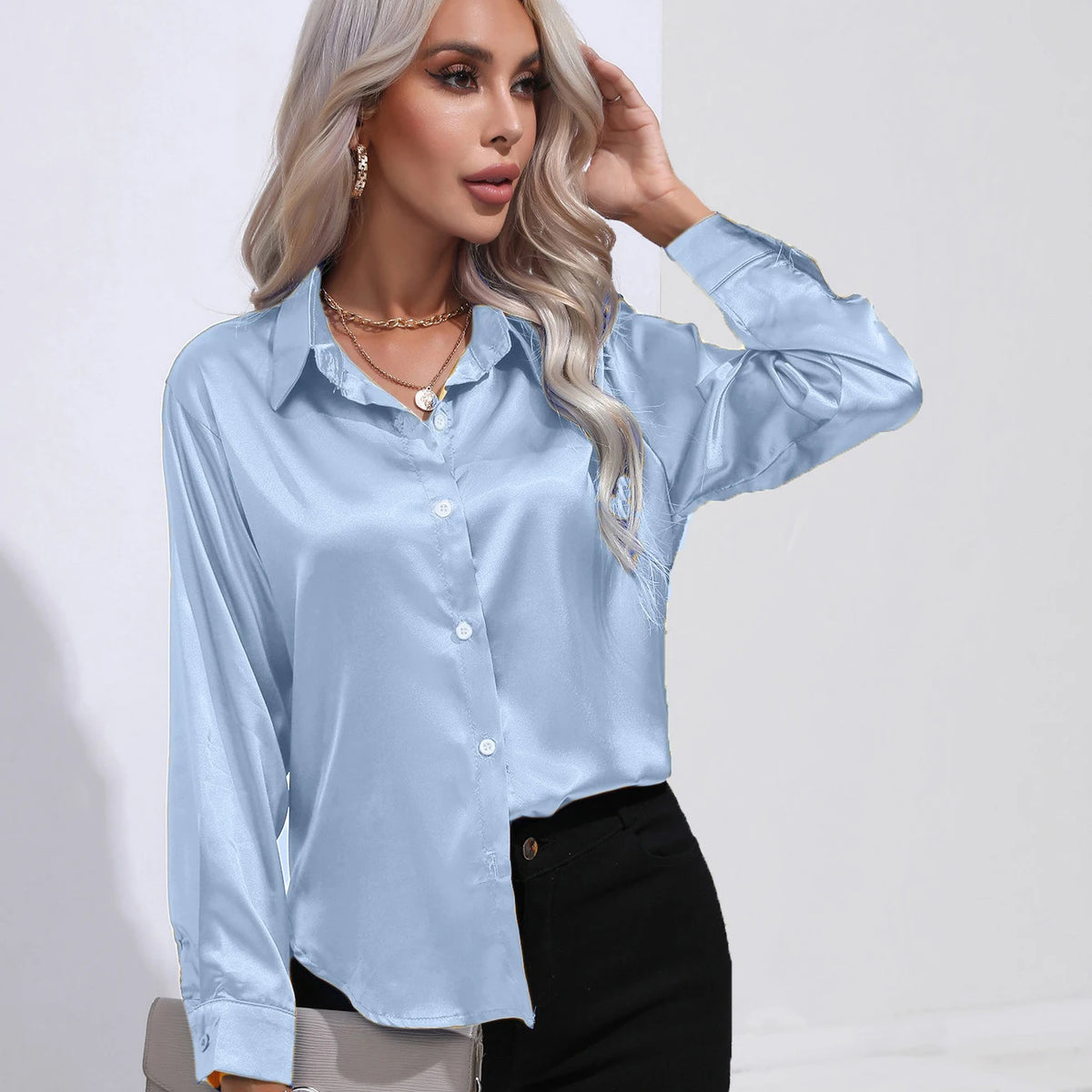 Autumn Casual Women's Blouses Elegant Satin Multicolor Basic Slim