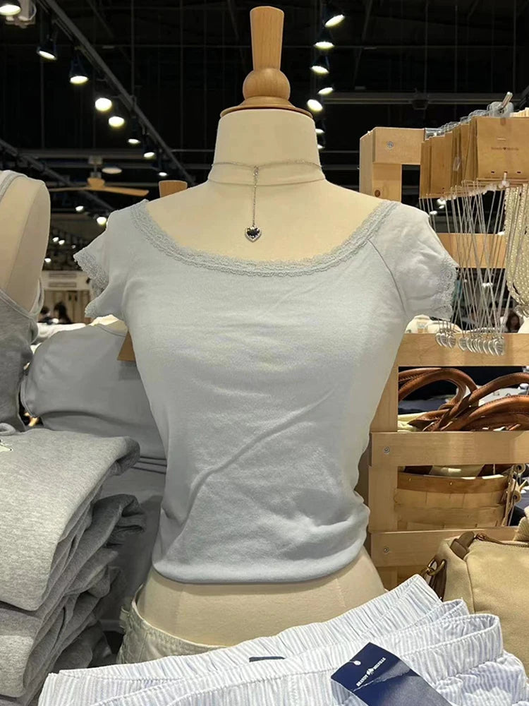 Lace Patchwork Blue Slim Crop Top Women Summer Sexy Scoop Neck Cotton