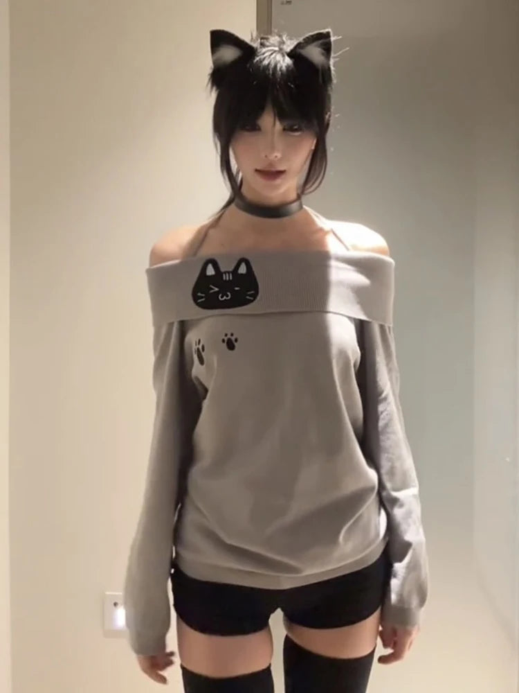 Cute Embroidery Off The Shoulder T Shirt Women Kawaii Cat Long Sleeve