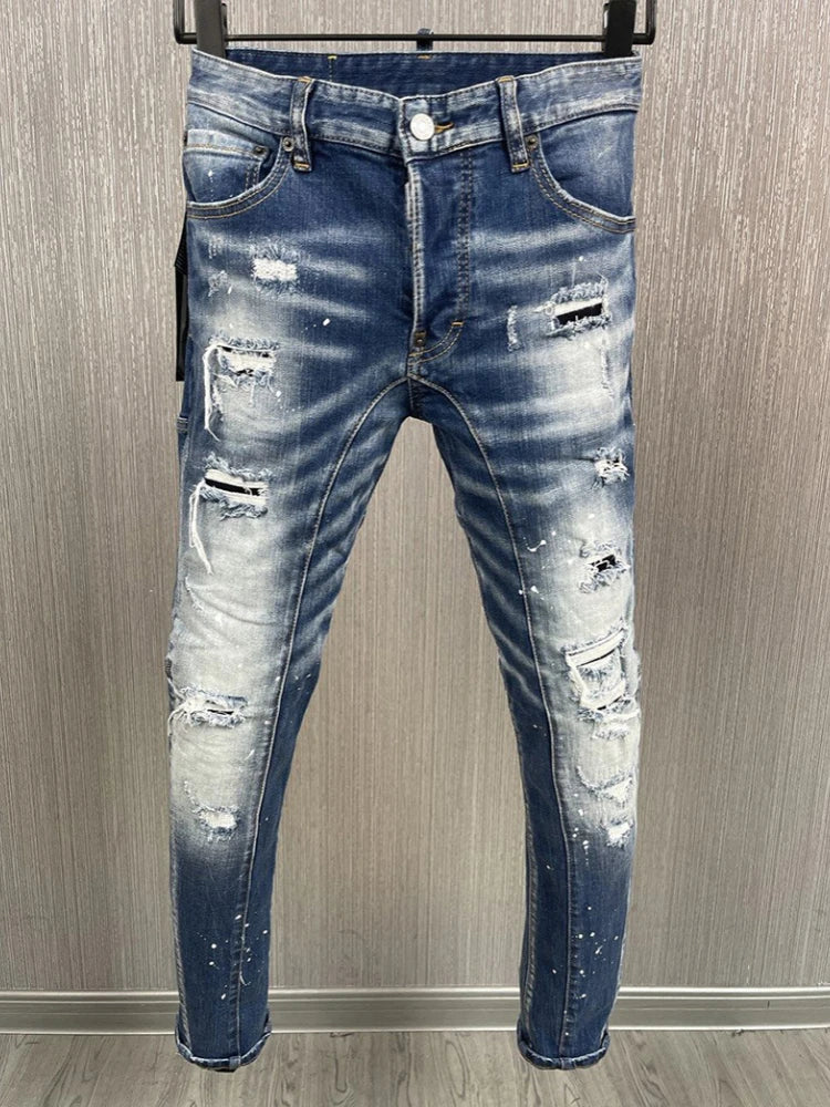 New Men's Ripped Jeans Distressed Elastic Slim Pencil Fit Denim Pants
