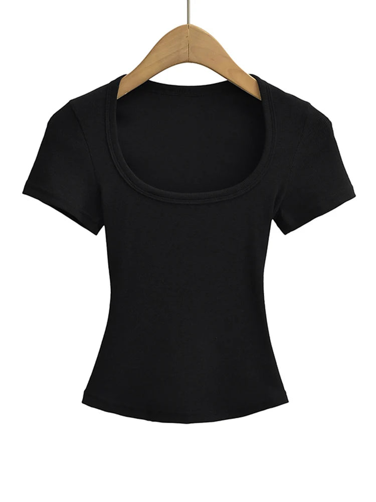 Square Collar High Stretch Summer Crop Tops Women Short Sleeve Tops