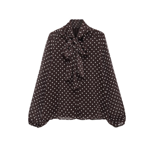 HH Women 2026 Trend Polka Dot Print Blouse Bow Scarf Collar Long