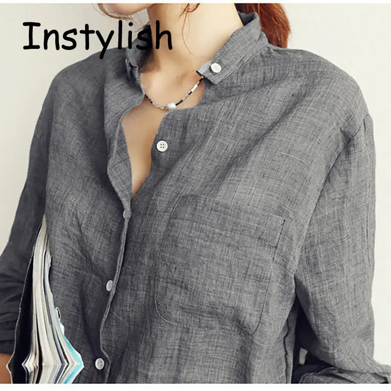 Women Autumn Korean Harjauku Solid Cotton and Linen Blouse Vintage