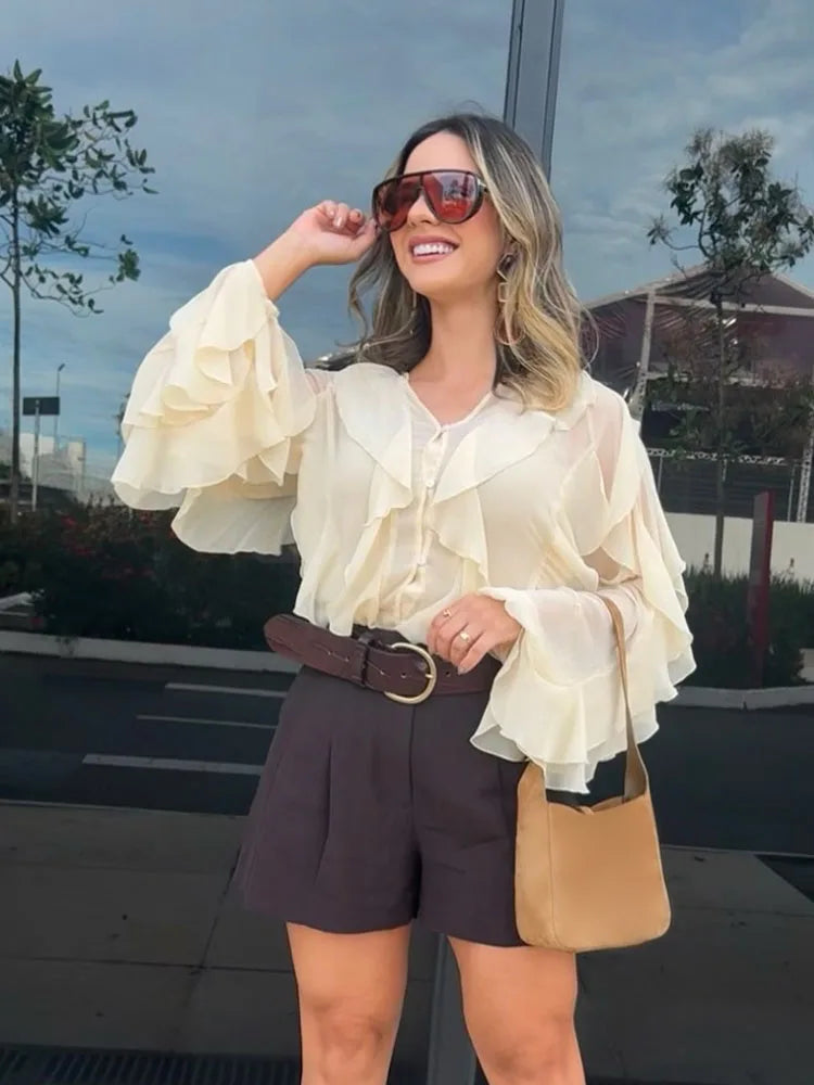 HH 2025 Spring Women Elegant V-Neck Blouse Single-Breasted Women Long