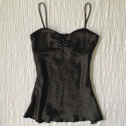 Kimotimo Vintage Polka Dot Camisole Vest Women Summer Folds Sleeveless