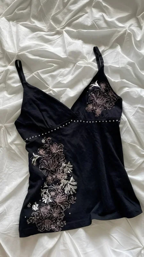 Y2K Vintage Black Suspender Tops Women Harajuku Flower Graphic Print