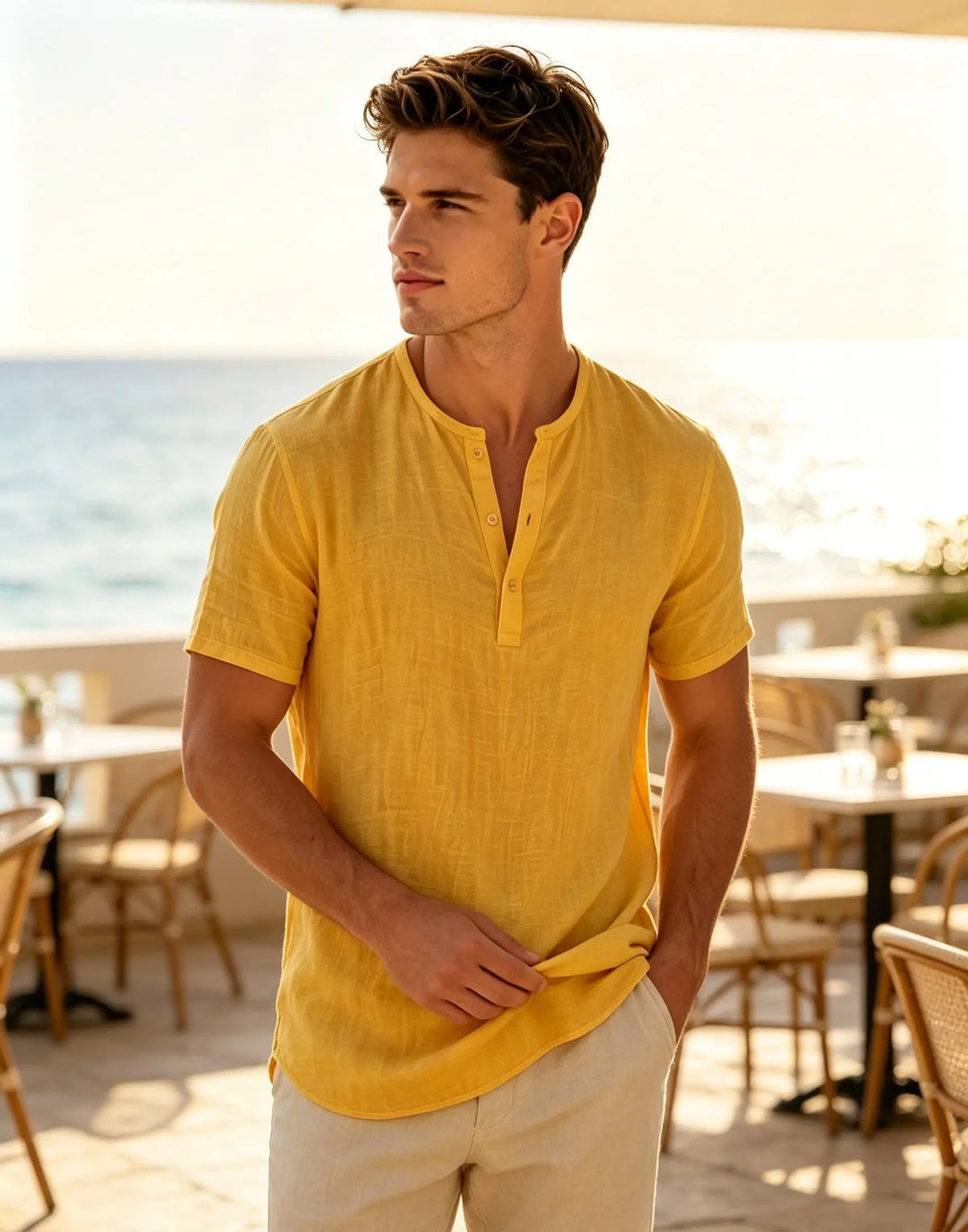 Men's Cotton Linen Henley Short Sleeve T Shirt Lightweight Breathable