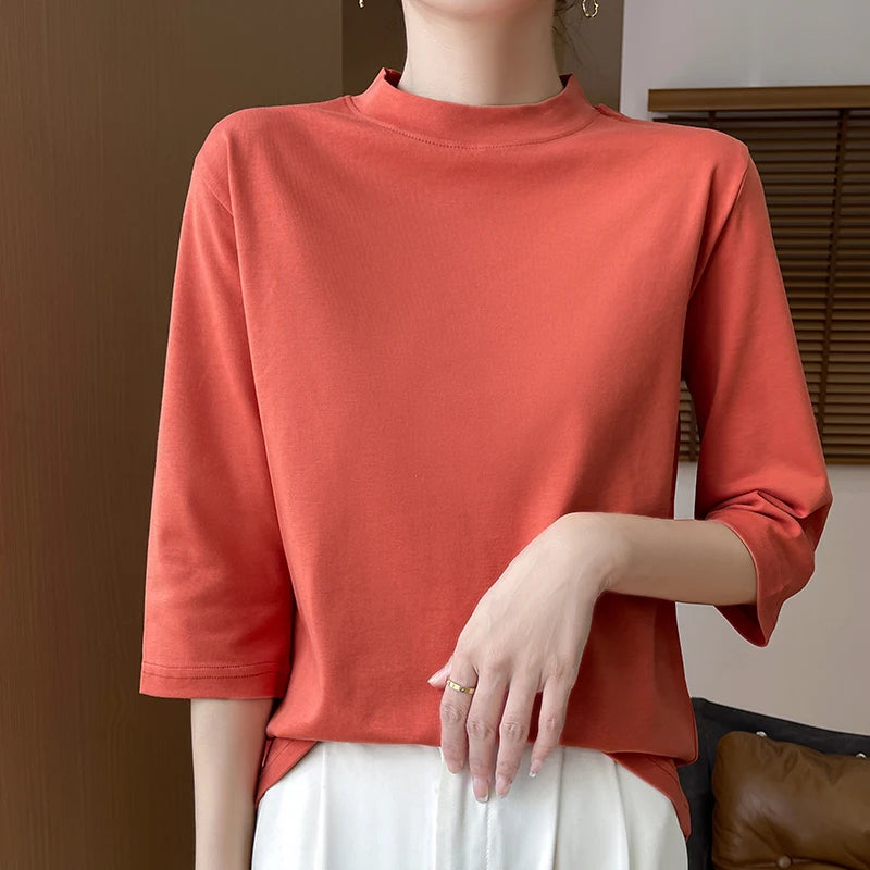 Summer And Autumn New 100% Cotton T-shirt Women's Semi-High-Necked