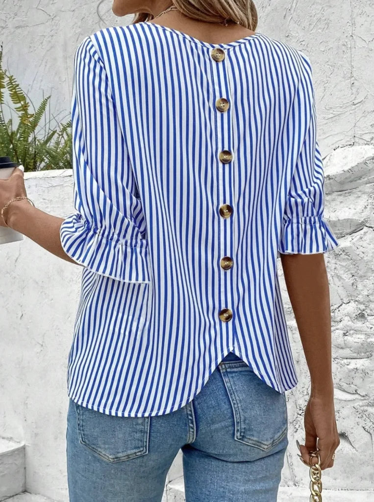 2025 Summer Women's Short-sleeved Shirt O-neck Button Fashion Striped