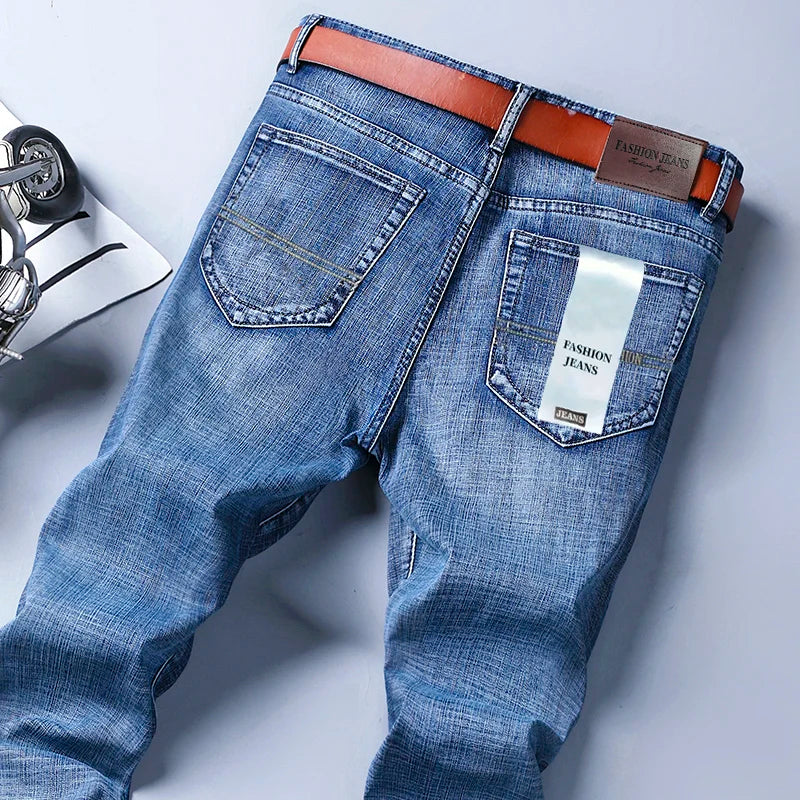 Spring Summer Classic Pocket Men Fit Straight Thin Jeans Cotton