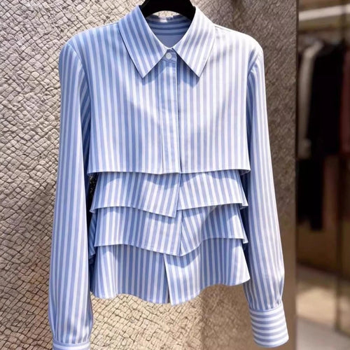 Elegant Tiered Ruffle Striped Blouse - Point Collar Long Sleeve
