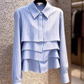 Elegant Tiered Ruffle Striped Blouse - Point Collar Long Sleeve
