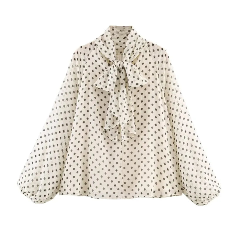 Women Polka Dot Print Blouse Casual High Collar Long Sleeve Lady Top