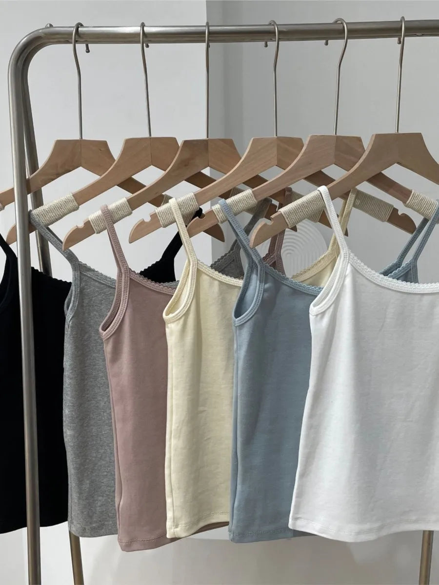 Basic Lace Trim Slim Tank Top Women Summer Casual Sleeveless Cotton
